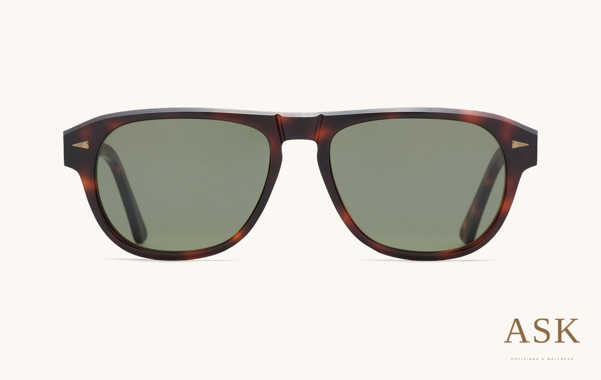 AHLEM Carpentier — Sunglasses, Classic Turtle / Khaki Light, front view on ivory with the ASK logo