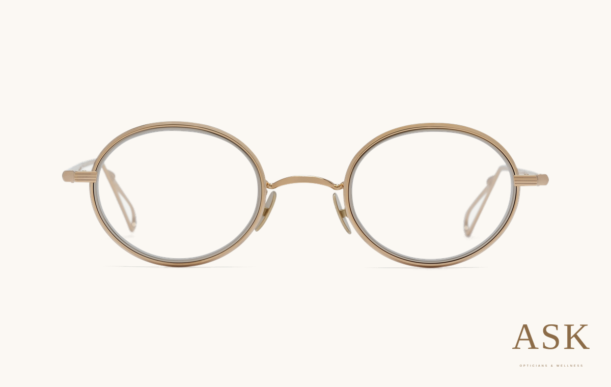 AHLEM Paris 04 — Optical, Champagne / White Gold, front view on ivory with the ASK logo