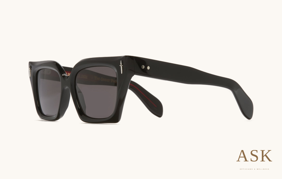 Cutler and Gross GFSN 012 01, Black on Red, three-quarter view on ivory with the ASK logo