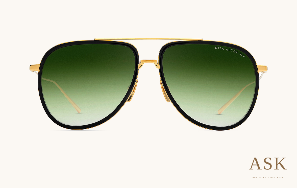 DITA ARTOA.92x, Yellow Gold - Black / Dark Green to Clear Gradient, front view on ivory with the ASK logo