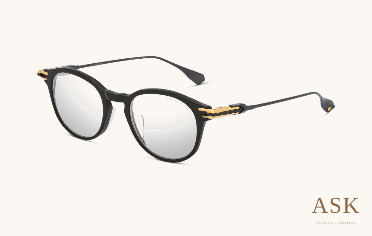 DITA ASHIUM, Black - Yellow Gold - Black Iron / Clear, original manufacturer three-quarter photograph on ivory with the ASK logo