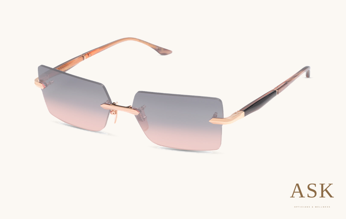 DITA EYMORI, Rose Gold - El Mirage Swirl / Dark Grey to Peach Gradient, original manufacturer three-quarter photograph on ivory with the ASK logo
