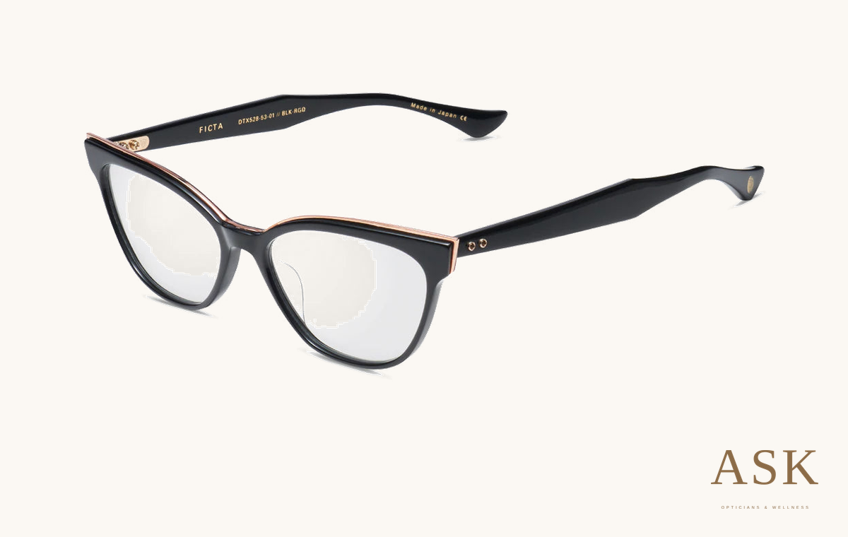 DITA FICTA, Black / Rose Gold, three-quarter photograph on ivory with the ASK logo