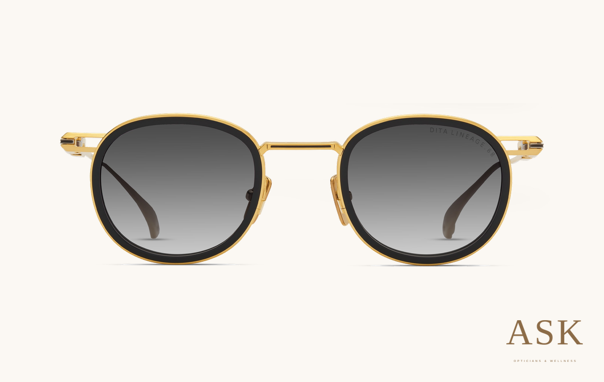 DITA LINEAGE.68x, Yellow Gold - Black - Shiny Silver / Dark Grey to Clear Gradient, front view on ivory with the ASK logo