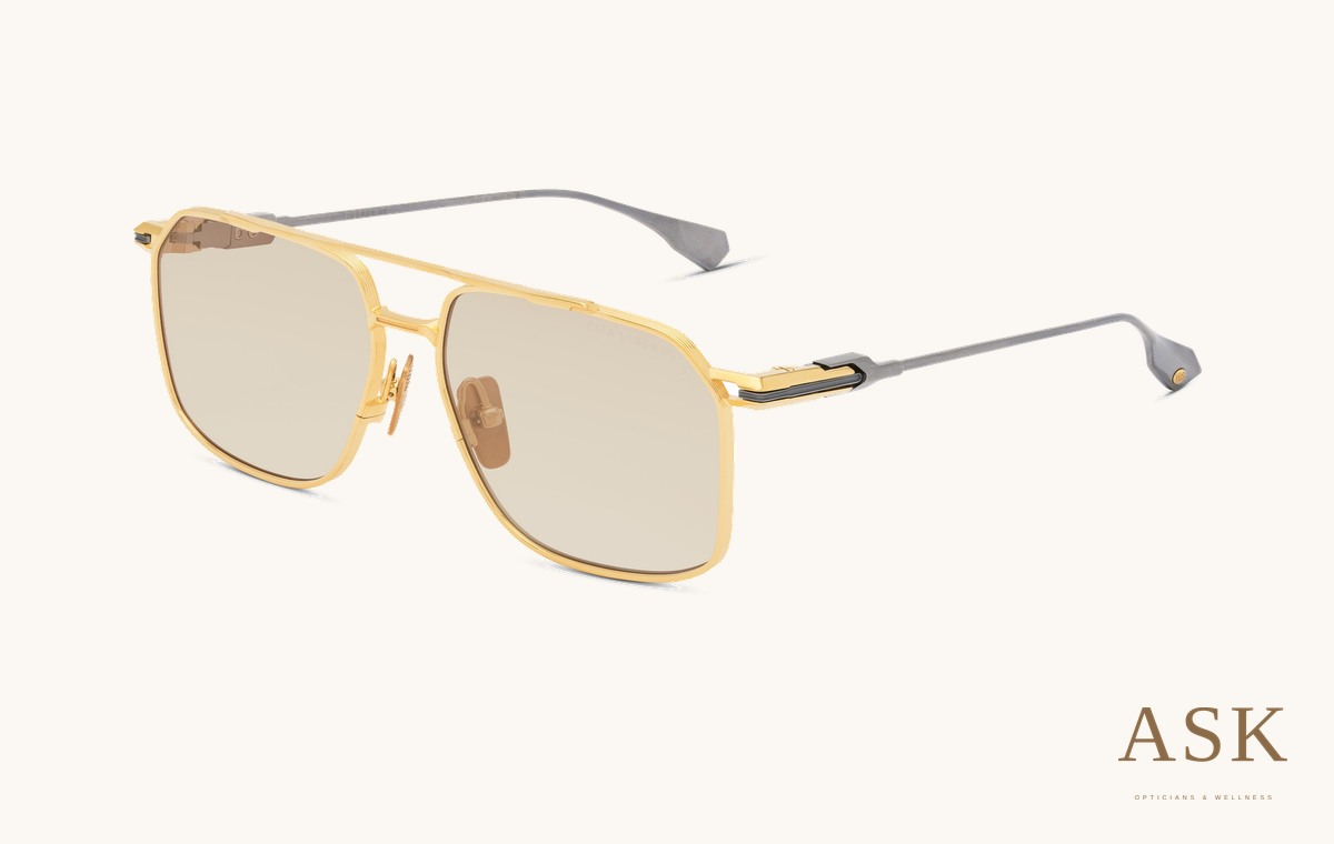 DITA LINEAGE.99, Yellow Gold - Antique Silver / Brown Wash, original manufacturer three-quarter photograph on ivory with the ASK logo