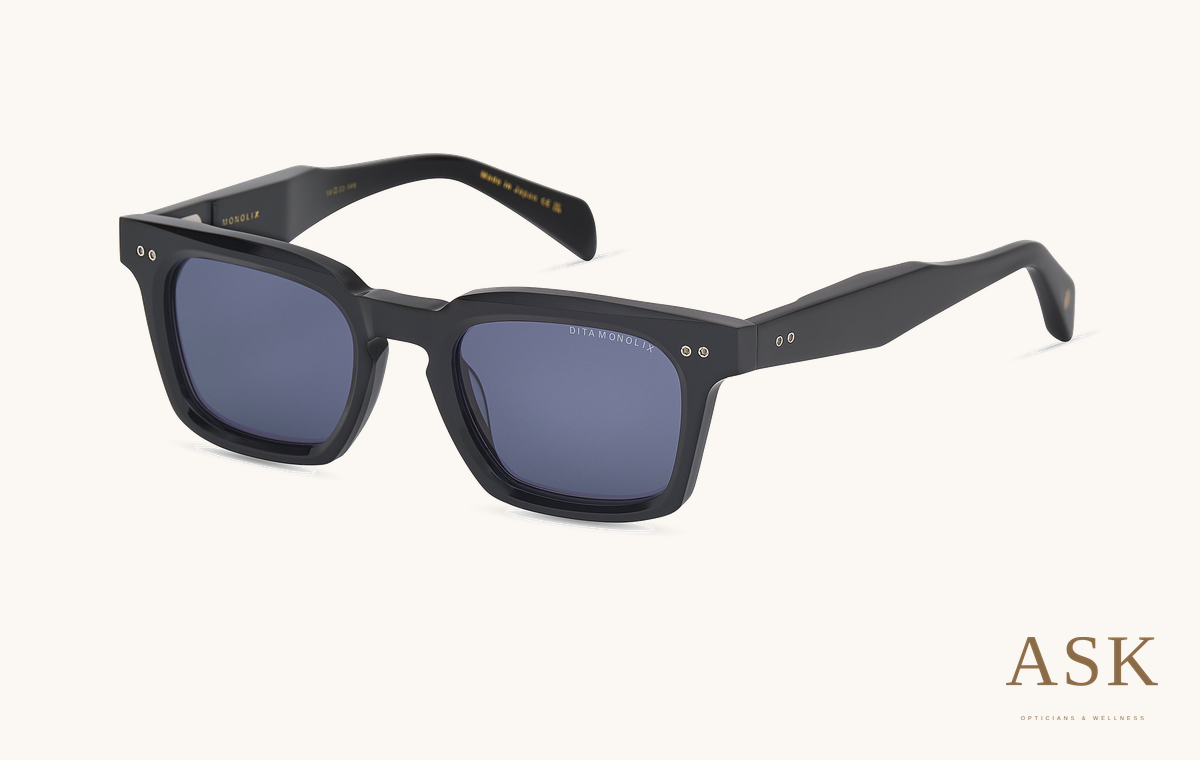 DITA MONOLIX, Black / Midnight Blue, original manufacturer three-quarter photograph on ivory with the ASK logo