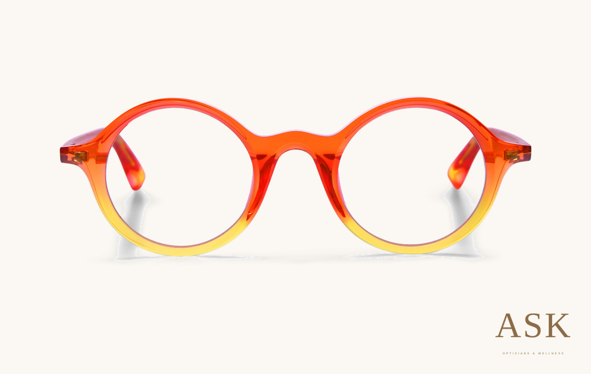 Theo Sunrise, Orange / Yellow, colour 14, front photograph on ivory with the ASK logo