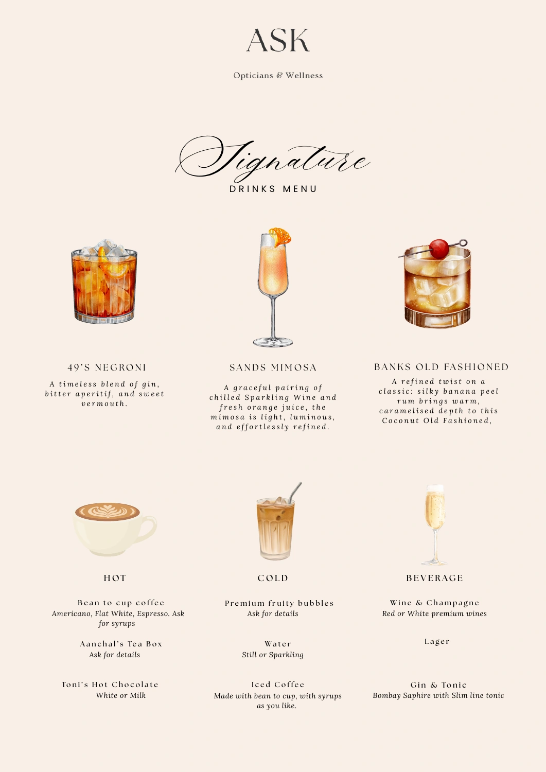 ASK Signature Drinks Menu, including cocktails, hot drinks, cold drinks and beverages. Full text below.