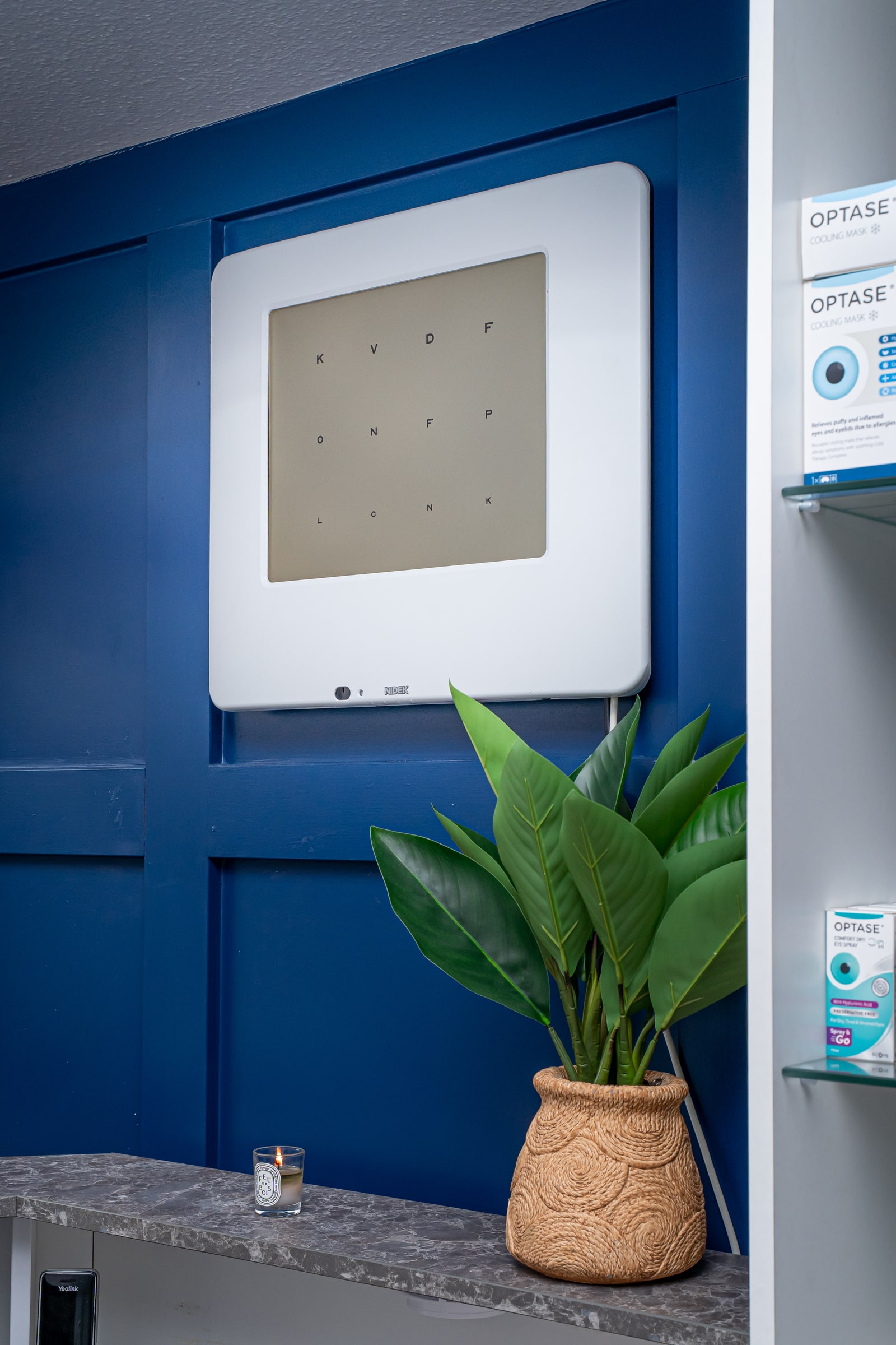 A wall-mounted vision test display and plant in the clinical area