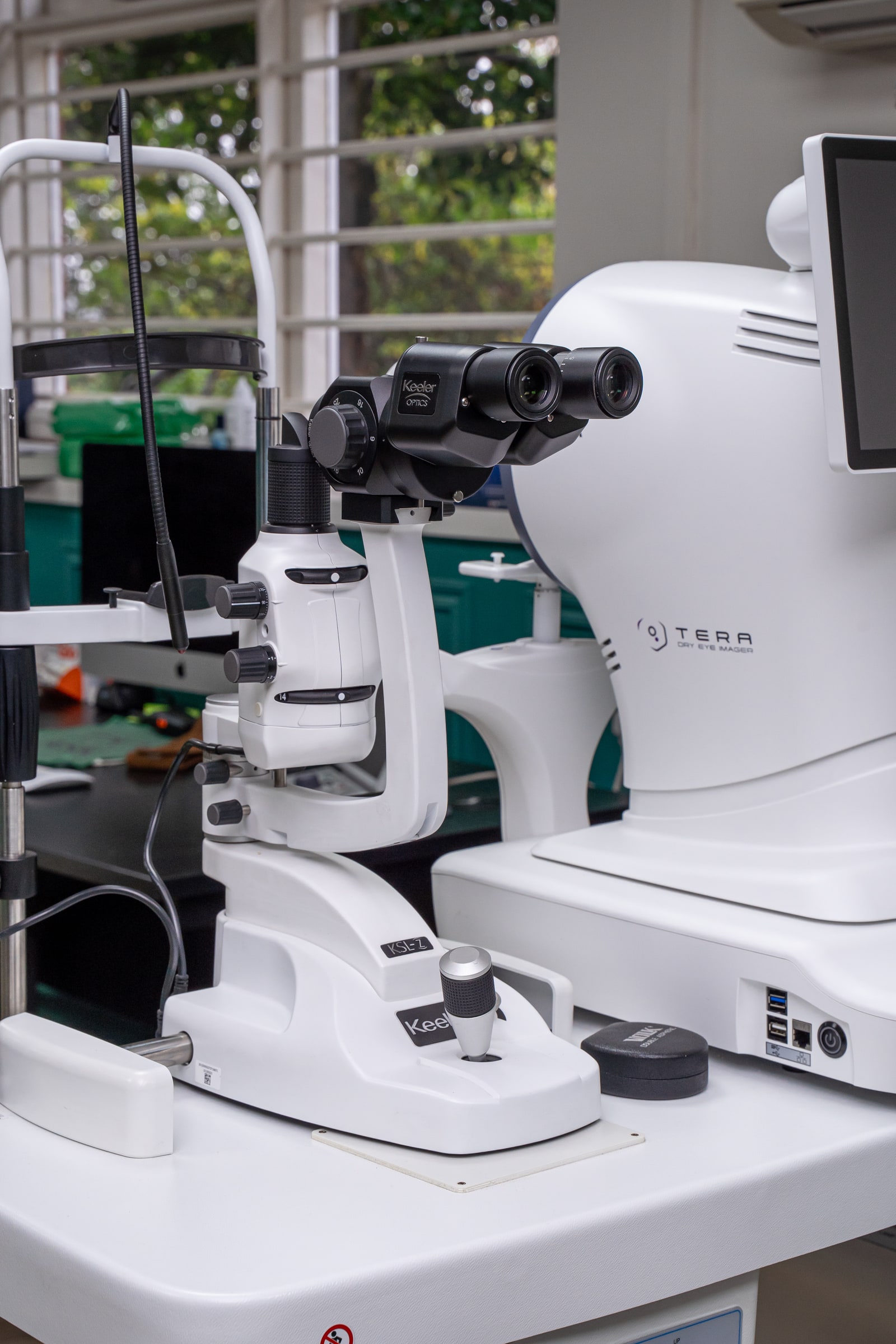 A close view of the slit lamp used for eye examinations at ASK